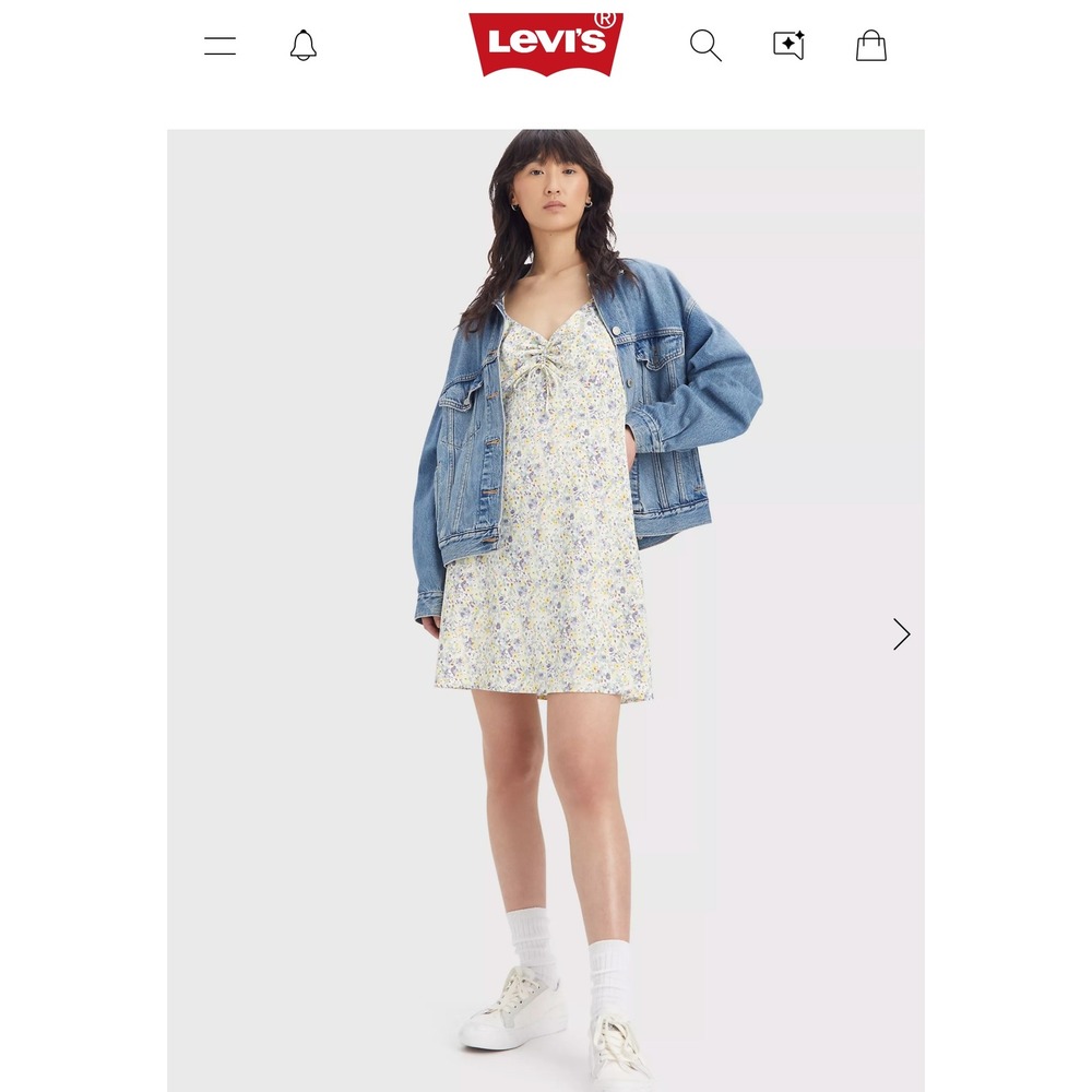 Levis Womens Floral Ditsy Mini Dress Blue Yellow Ruched Tie V-Neck Large